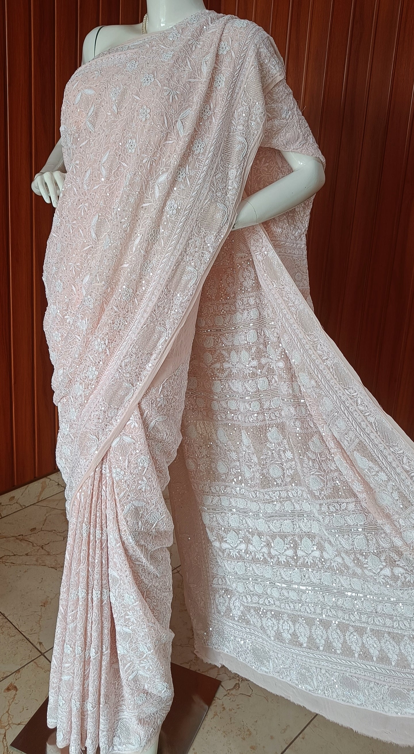 Ruhani Soft Peach 2 and 3 taar Chikankari Masterpiece Saree